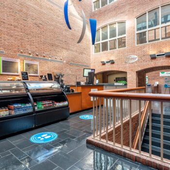 Photo of the campus lounge featuring a Starbucks